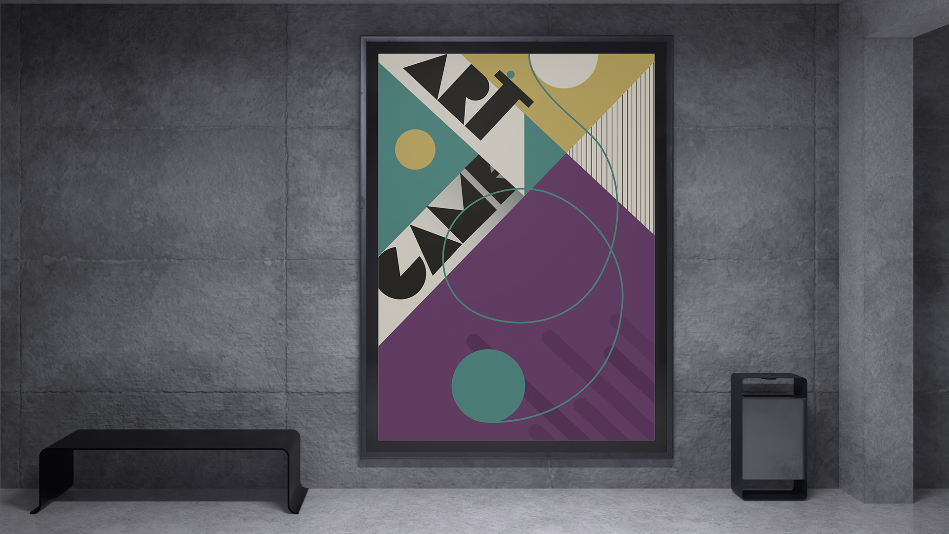 Art Game diagonal poster displayed in a concrete gallery setting