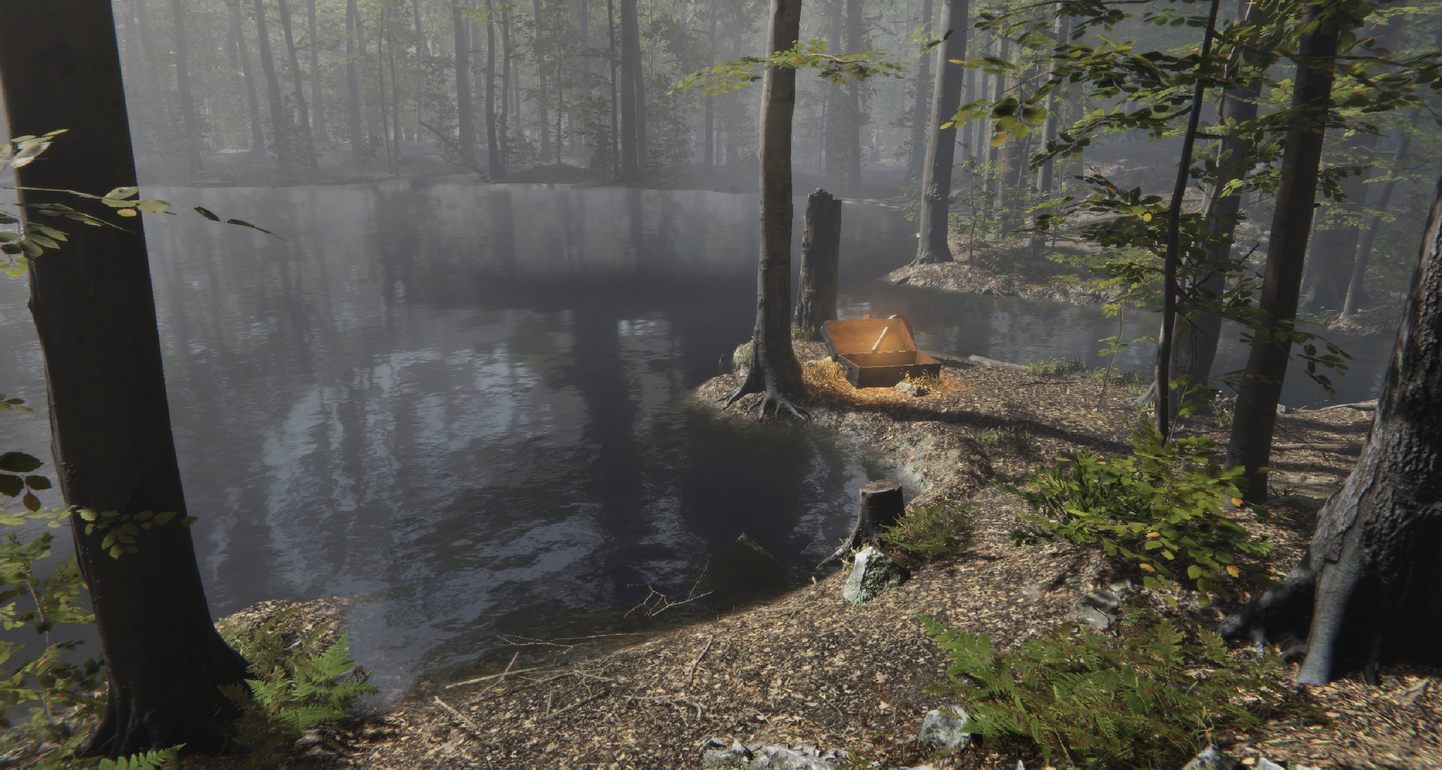 Pond with glowing scroll on shore