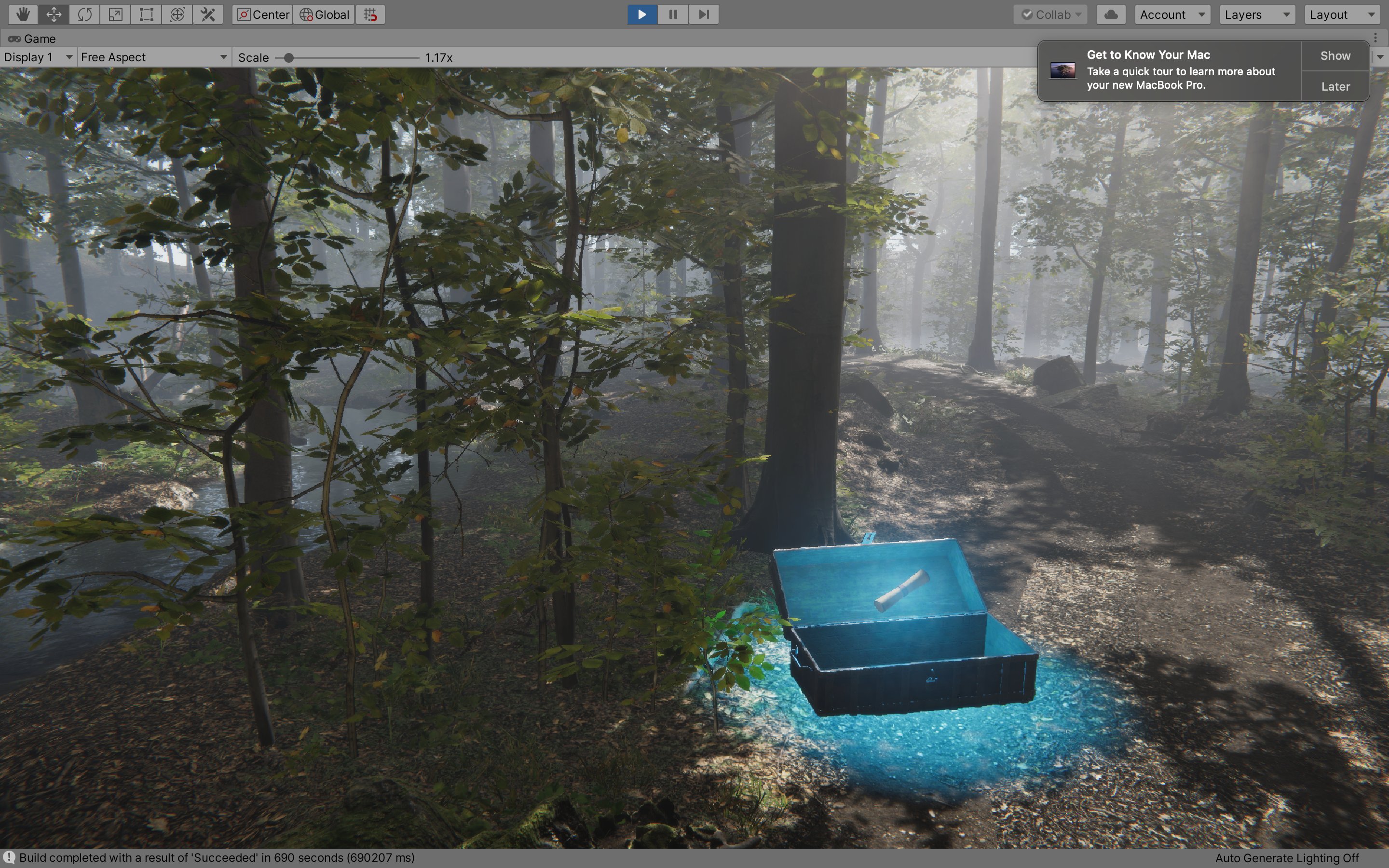 Glowing chest with blue trail in forest