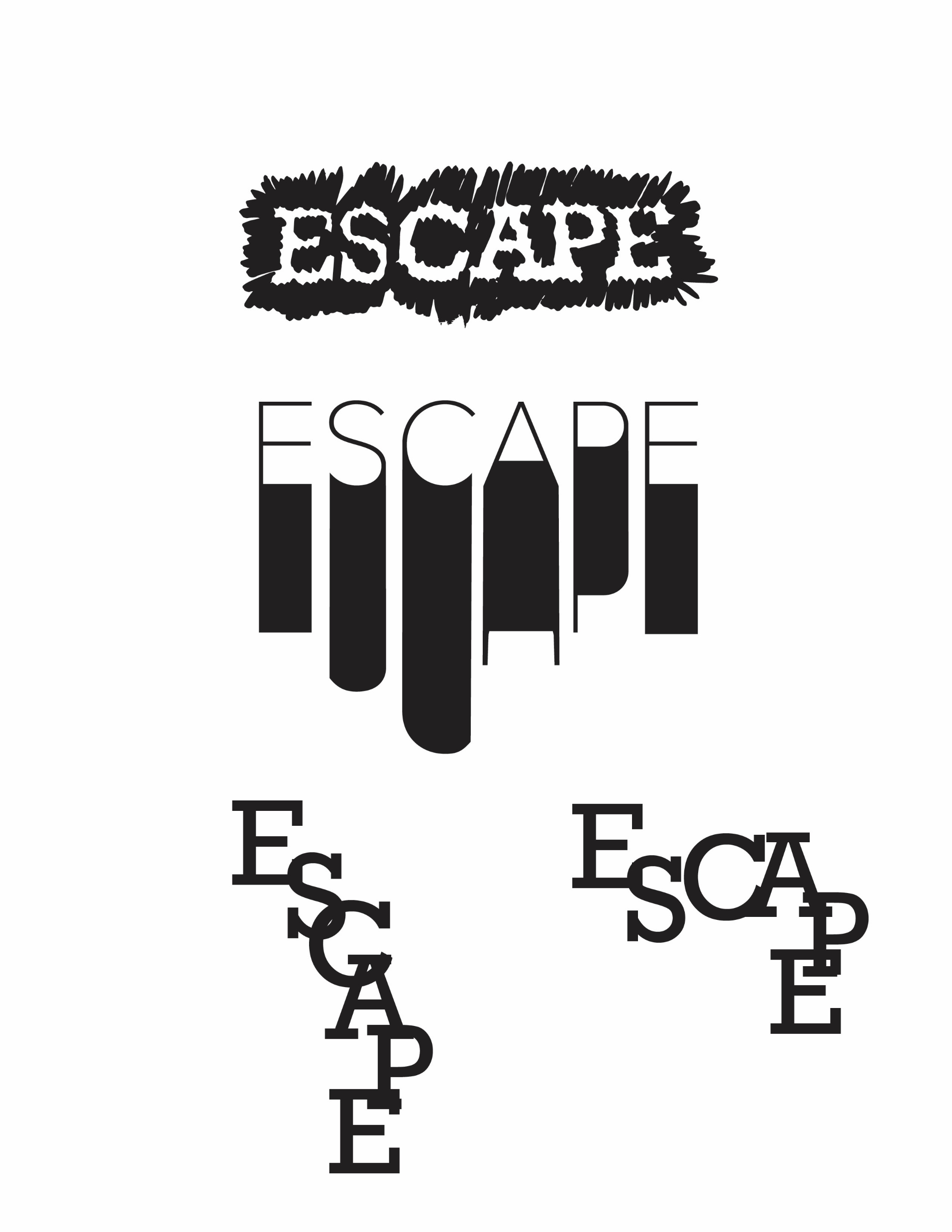 Sketches exploring the word ESCAPE in different typographic treatments