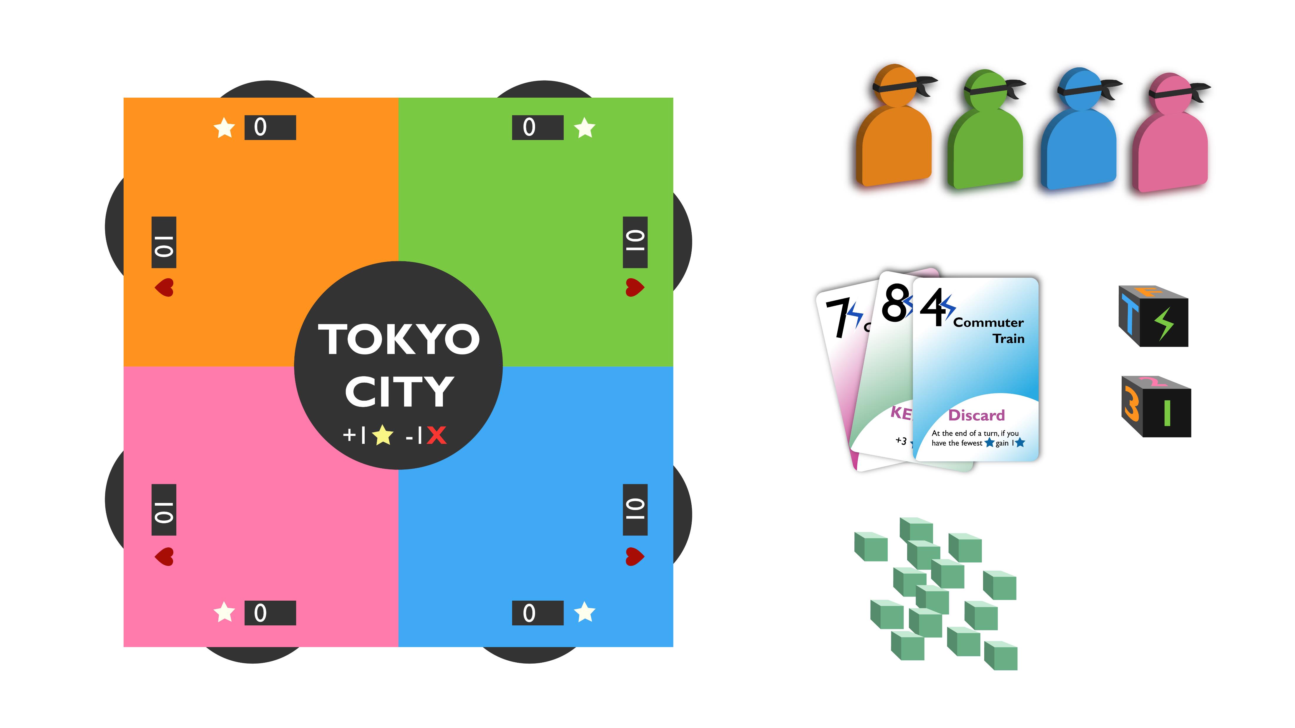 Midtown Controller — full component layout with four colored ninjas, cards, and dice
