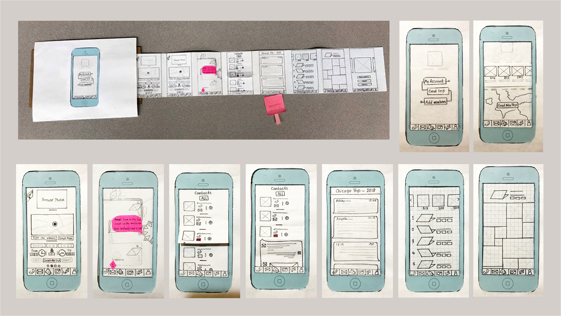 Paper prototype — hand-drawn screens of the Trips-Tips app on an iPhone mockup