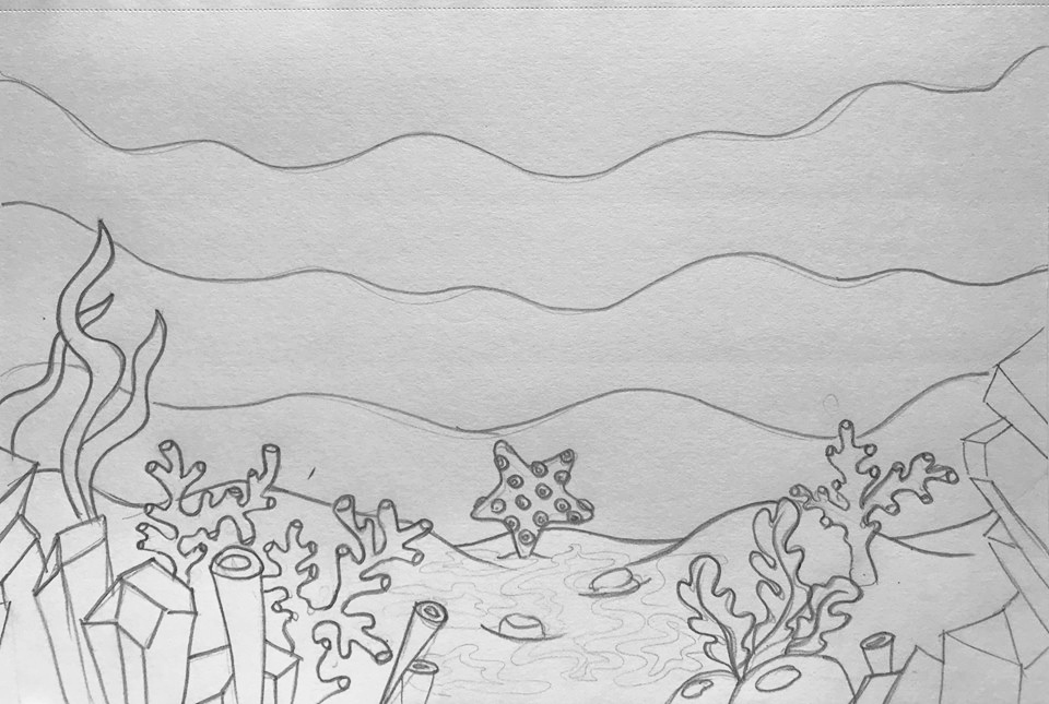 Initial pencil sketch of the ocean scene